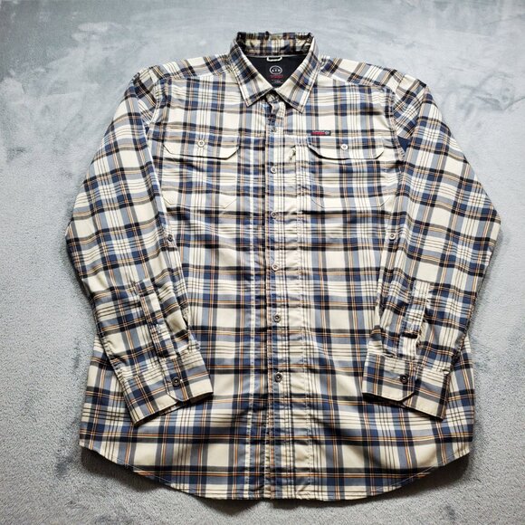 Wrangler ATG Button Up Long Sleeve Outdoorsman Plaid Shirt Black Tan Men Sz L - Picture 1 of 14